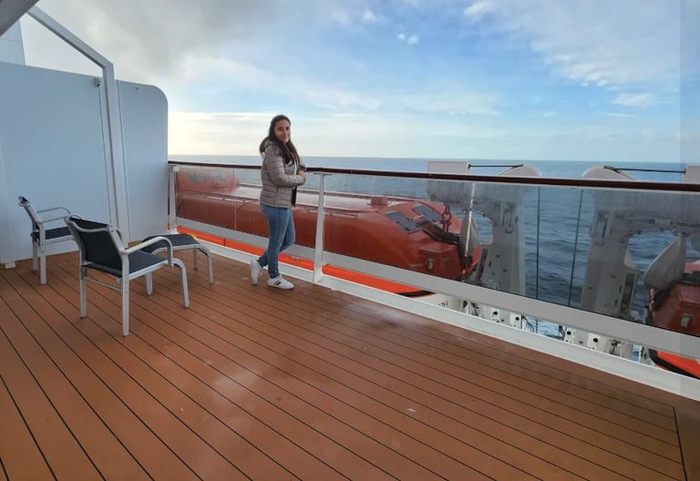 Person standing on cruise ship deck looking out at ocean horizon