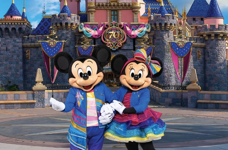 Mickey y Minnie Mouse en trajes de celebración frente al Castillo de Cenicienta en Disney World durante el 70 aniversario