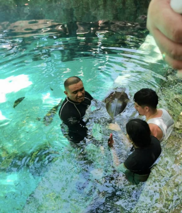 Hombre en equipo de buceo nadando en agua turquesa cristalina mientras tres personas observan desde la orilla rocosa de un cenote